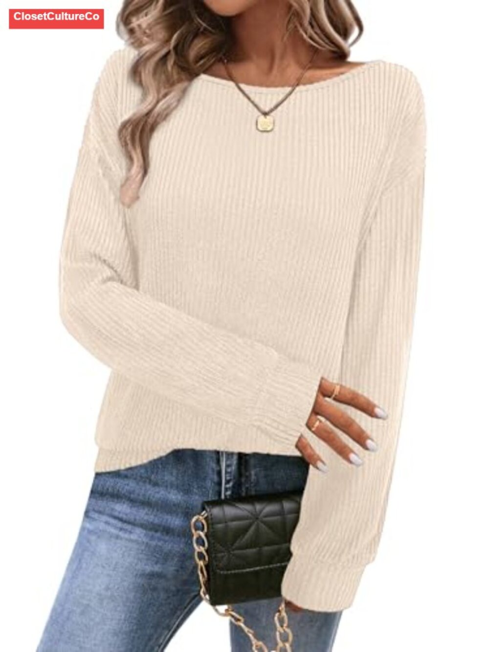 Bosmeer Women's Long Sleeve Boat Neck Pullover Sweater Casual Loose Fit Fall Top